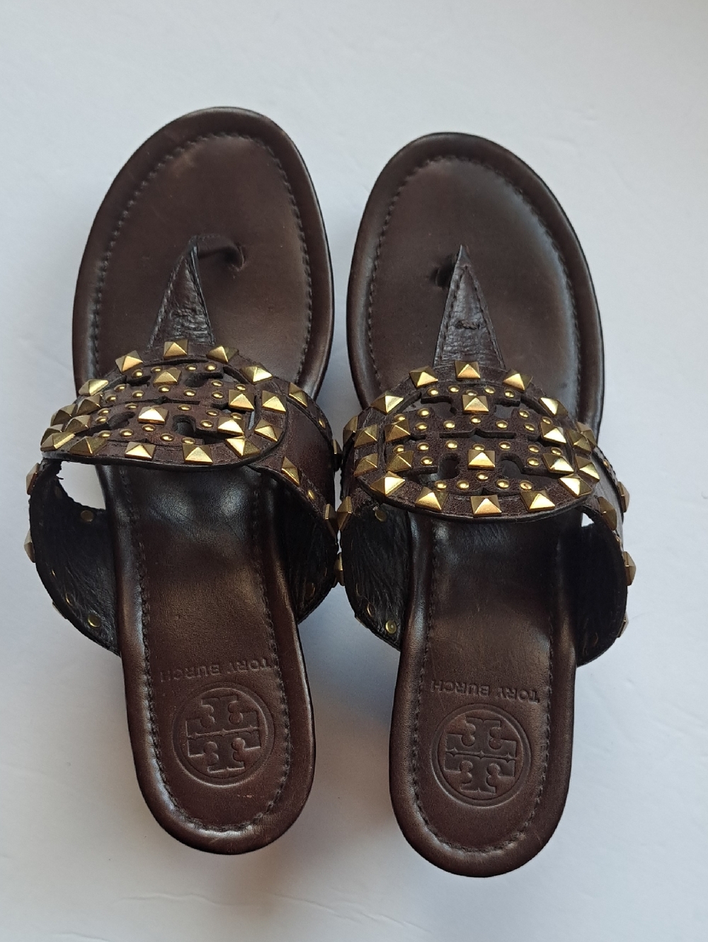 Tory Burch Brown Leather Studded Wedge Sandals